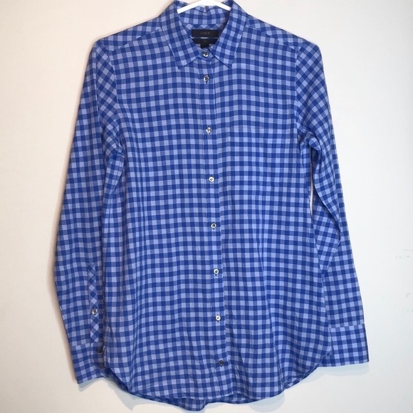 J. Crew Crinkle Gingham Boy Shirt Blue Plaid, size 00 - Picture 2 of 9
